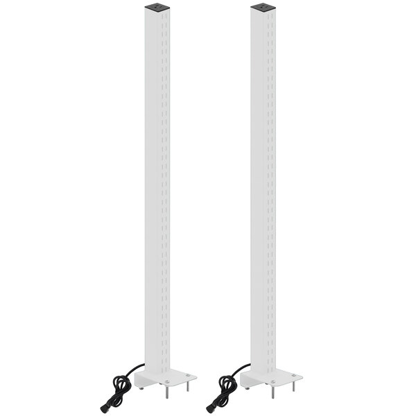 A pair of white BenchPro uprights with power plugs and legs.