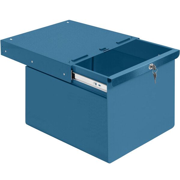 A dark blue steel storage drawer with a metal handle.
