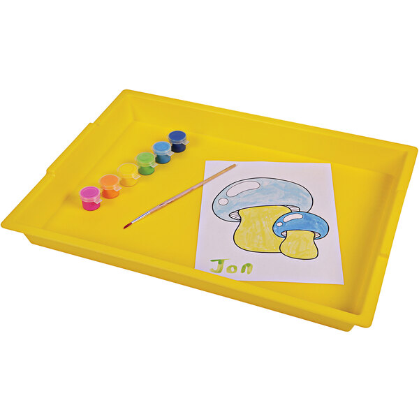 A yellow Deflecto antimicrobial kids finger paint tray with paint and a drawing on it.