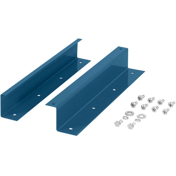 Blue metal parts with screws and nuts.
