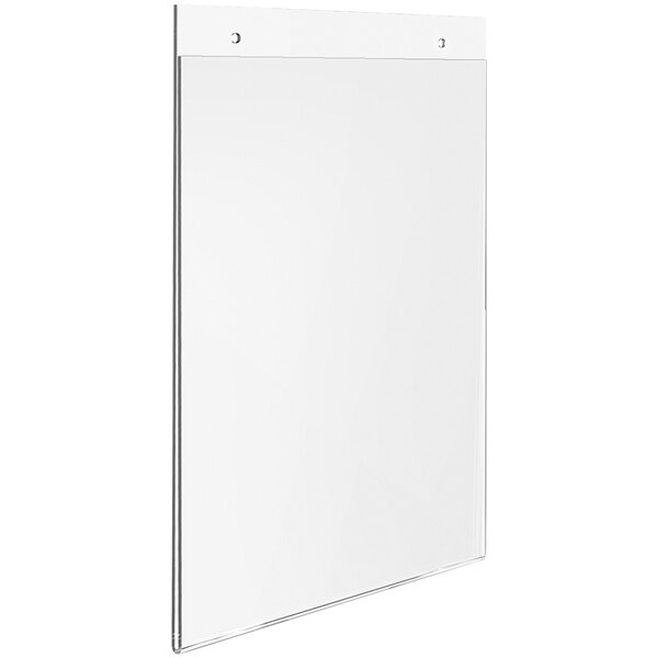 A white rectangular Deflecto Classic Image wall mounted sign holder with a metal frame.