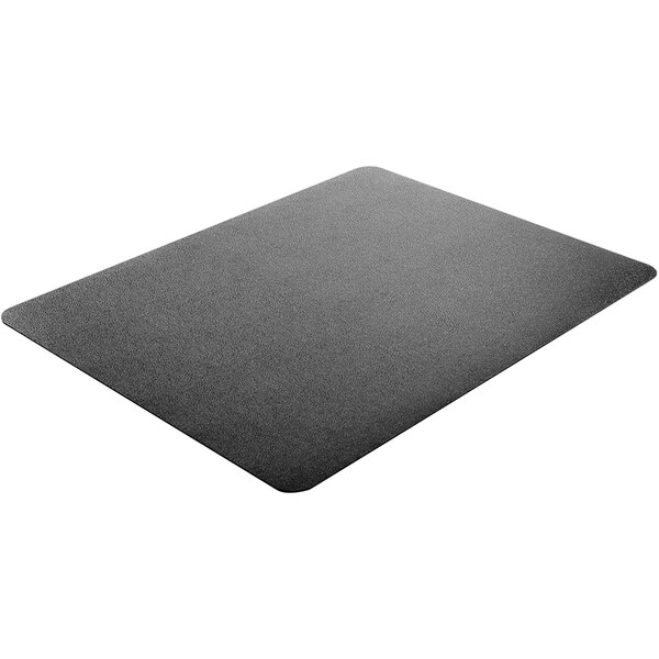A black rectangular Deflecto chair mat.