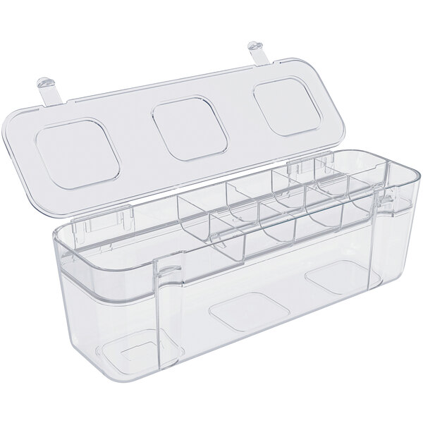 A clear Deflecto plastic caddy container with three compartments and a lid.
