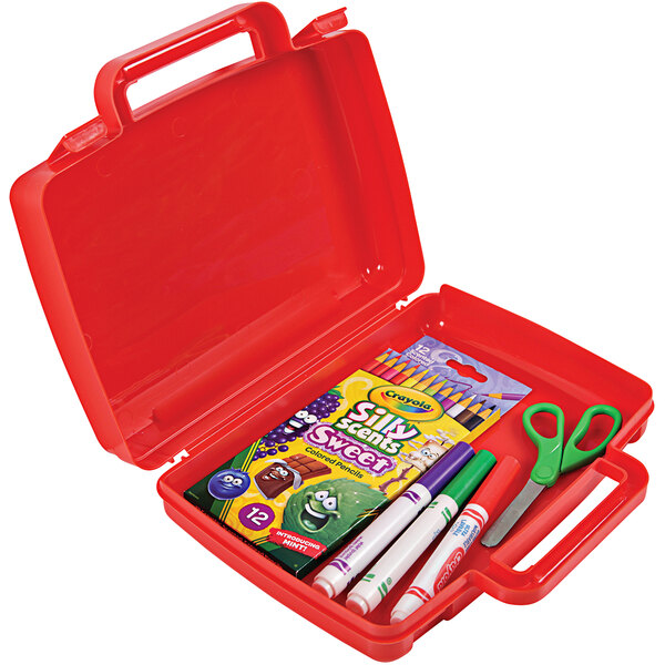 A red plastic Deflecto kids storage case with scissors and stationery inside.