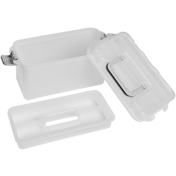 A clear plastic Deflecto mini storage container with a lid and a handle.