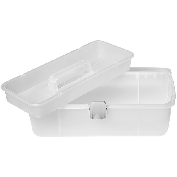 A clear plastic storage box with a single tray inside.
