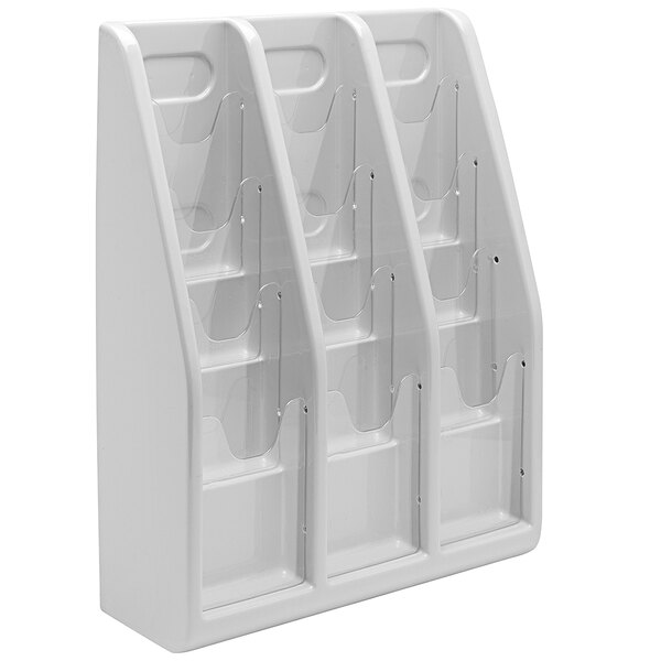 A gray plastic literature rack with 12 clear compartments.