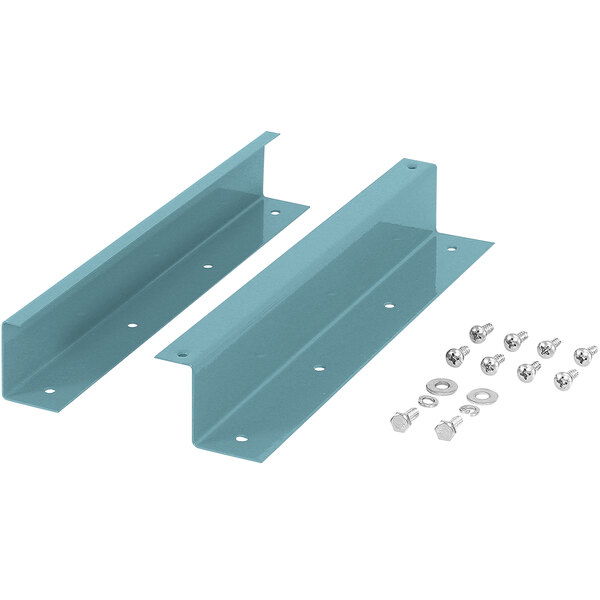A pair of blue metal BenchPro retrofit brackets with screws and nuts.