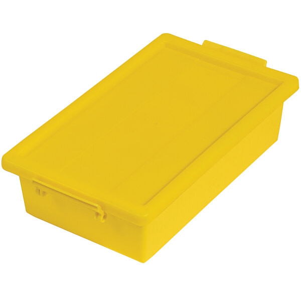 A yellow Deflecto plastic storage tote with a lid.