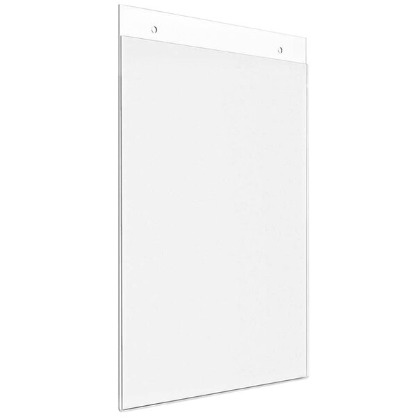 A white rectangular Deflecto anti-glare sign holder with a black border and two holes.