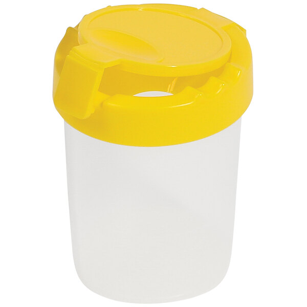 A white plastic container with a yellow lid.