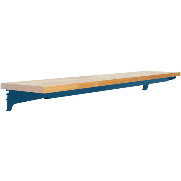 A BenchPro wooden shelf with a dark blue top and wooden base.