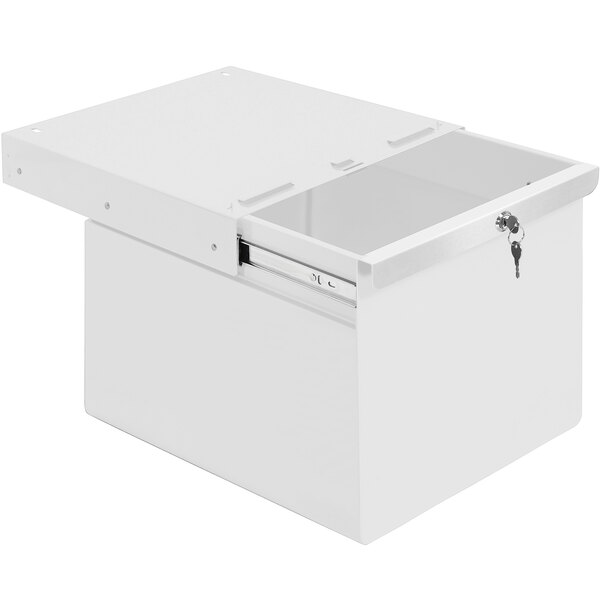 A white BenchPro steel drawer with a lid open.
