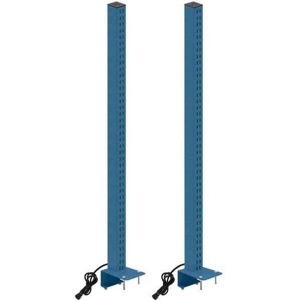 A pair of blue steel BenchPro uprights with a power plug.