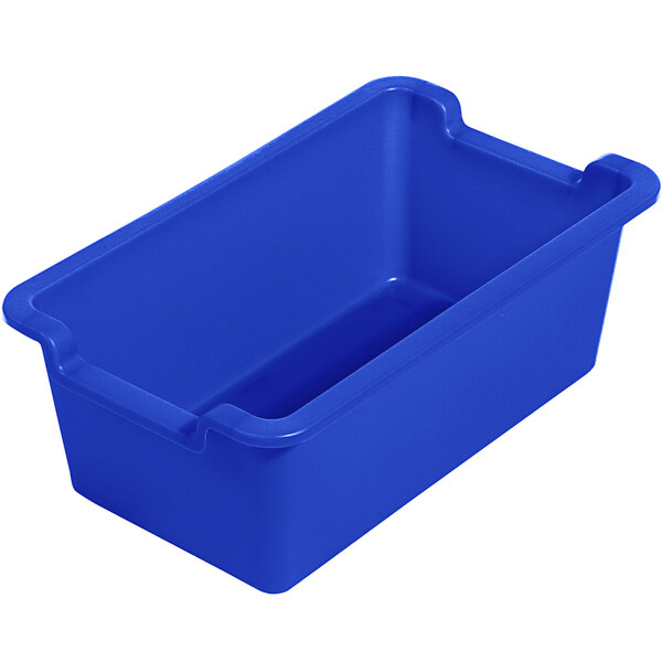 A blue plastic Deflecto rectangular storage bin with handles.