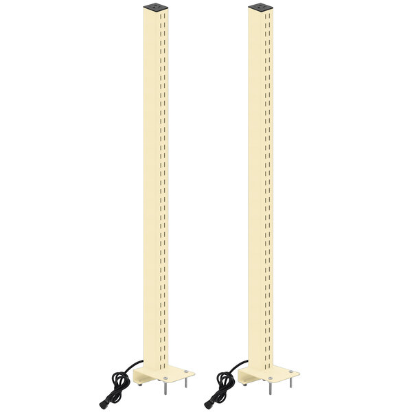 A pair of beige BenchPro uprights with a power plug and legs.