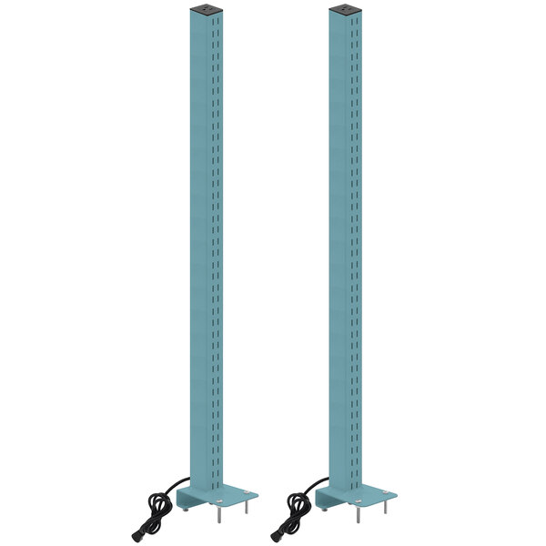 A pair of blue metal poles with a blue metal frame and power plug.