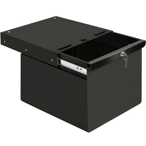A black steel BenchPro drawer box with a key.