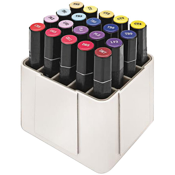 A black rectangular Deflecto marker holder with a white band holding colored markers.