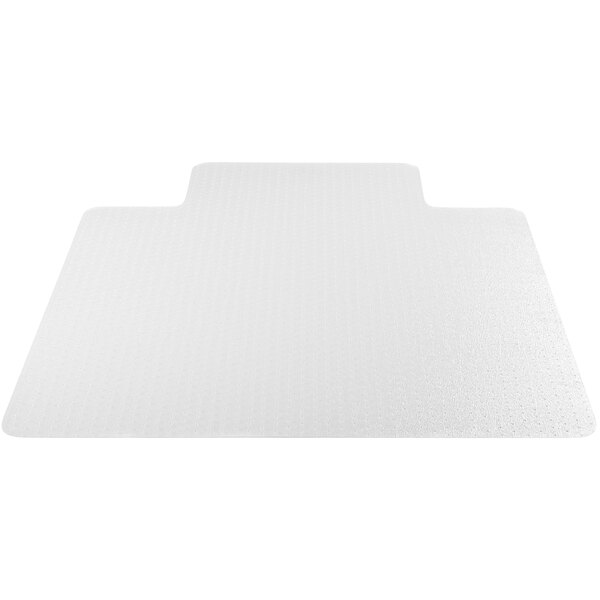 A clear vinyl carpet chair mat with a square shape and a lip.