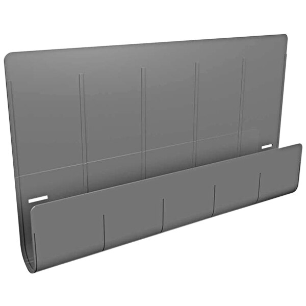 A grey Deflecto desk privacy panel with four compartments.