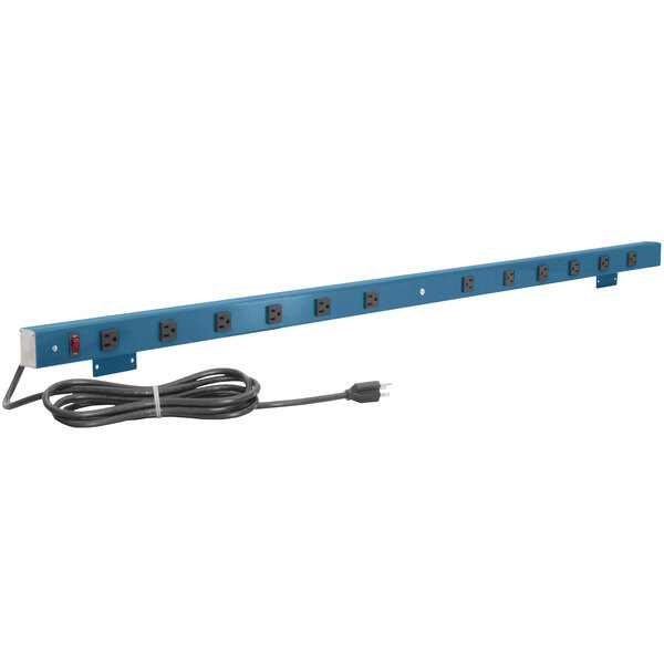 A blue rectangular BenchPro power strip with black outlets and a cord.