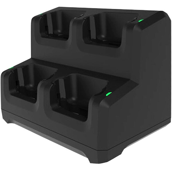 A black Zebra charging station with slots for four mobile computers and green lights.
