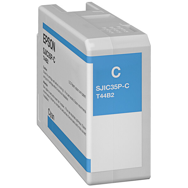 An Epson cyan ink cartridge with white and blue packaging.