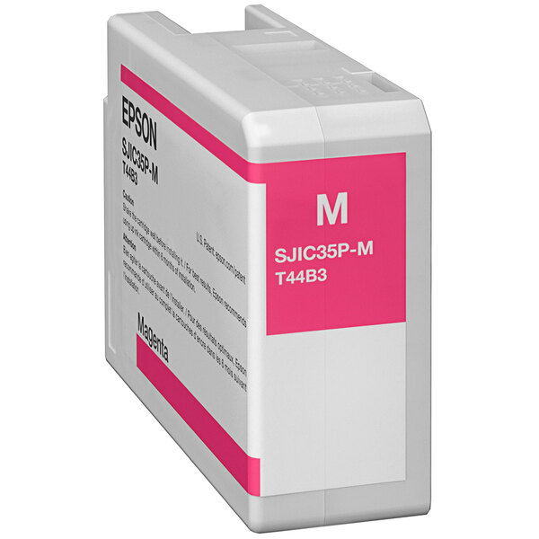 An Epson magenta ink cartridge with pink and white packaging.