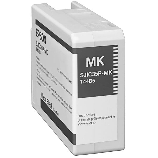 A white Epson ink cartridge with black text on the label.