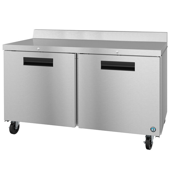 A Hoshizaki stainless steel worktop refrigerator with two doors on wheels.