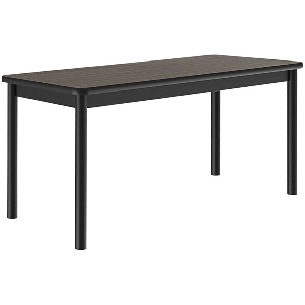 A black table with Correll walnut laminate top and black legs.