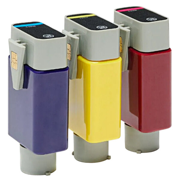 A group of Primera pigment ink cartridges in purple and white packaging.