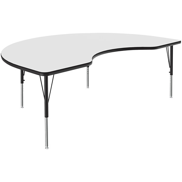 A white table with black trim and legs in a curved shape.