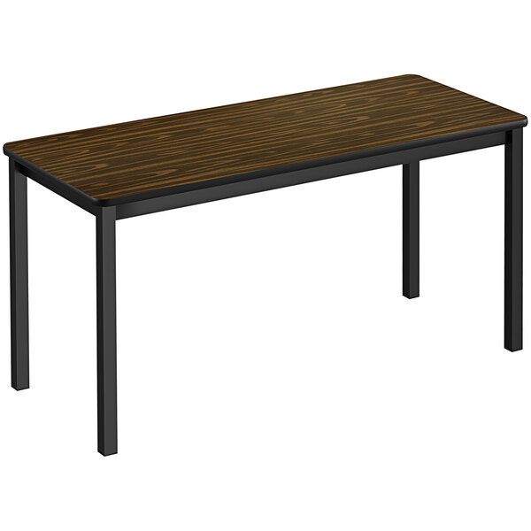 A brown rectangular Correll lab table with black legs.