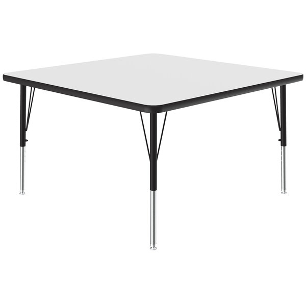 A white square Correll activity table with black adjustable legs.