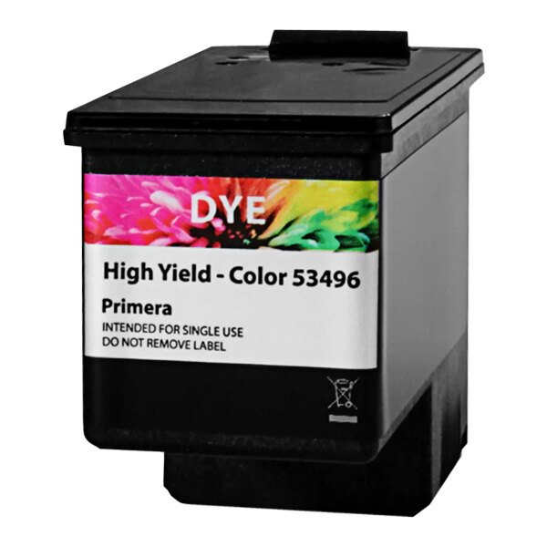 A Primera high-yield color dye ink cartridge with a white label on a black box.