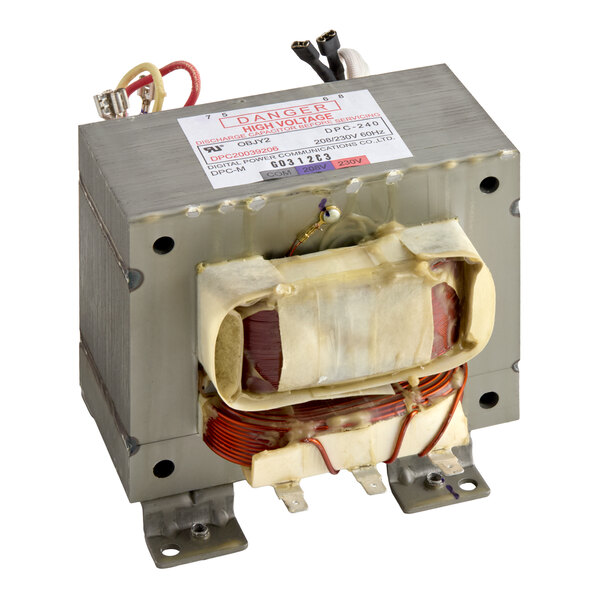 A metal-cased electrical transformer with visible copper windings, mounting brackets, and attached wires, labeled with a high voltage warning.