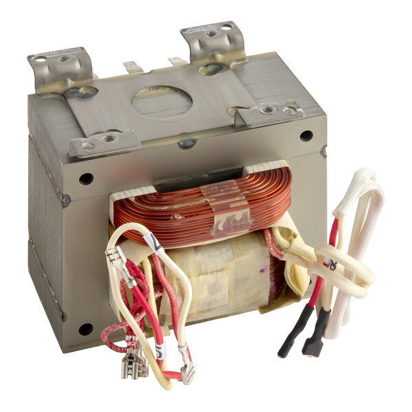 A metal-cased electrical transformer with visible copper windings and several insulated wires extending from it.