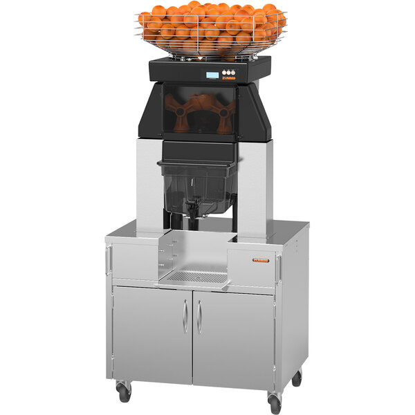 A Zummo commercial juicer with oranges on top.