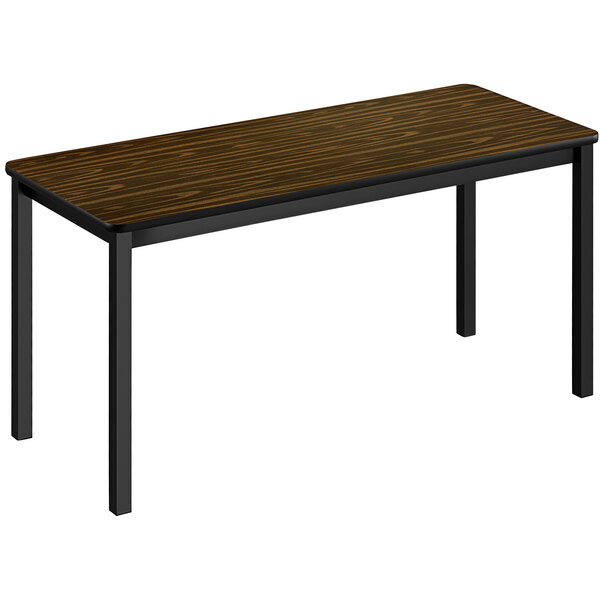 A Correll lab table with black legs and a walnut top.