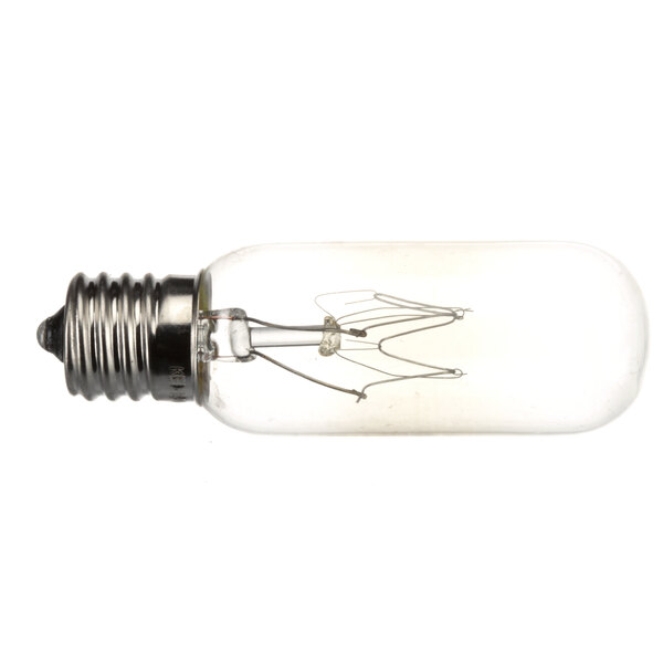 A close-up of a Solwave light bulb with a filament and wire attached.
