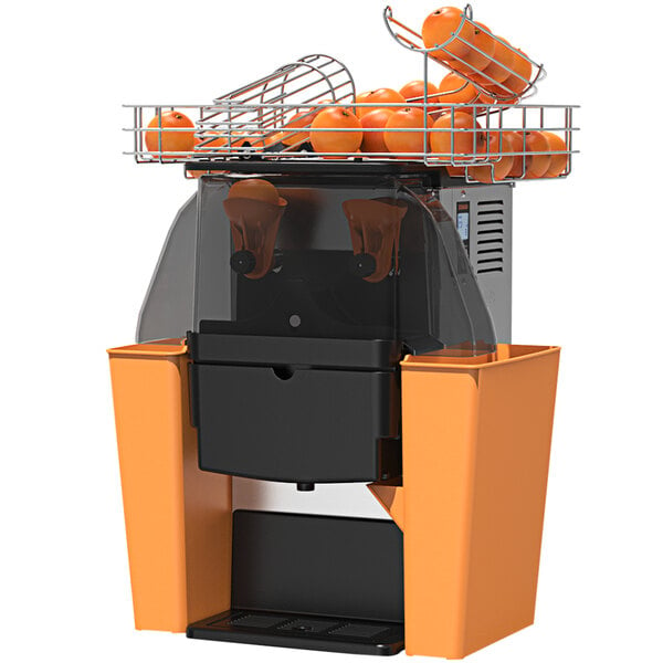 A Zummo Nature Orange juicer with oranges in a metal basket on top.