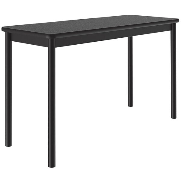 A black rectangular Correll lab table with black legs.