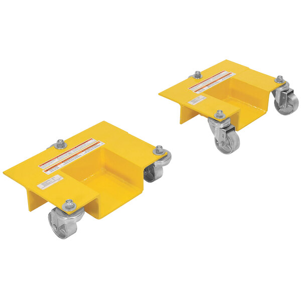 A yellow metal Vestil Pallet Rack Lifting Dolly with two caster wheels.
