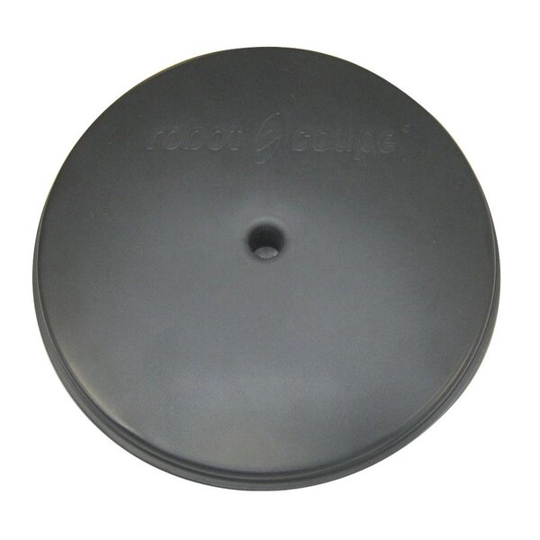 A black circular Robot Coupe disc protector with a hole in the center.