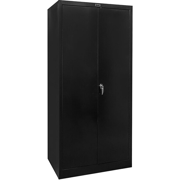 A black metal Hallowell wardrobe cabinet with solid doors and silver handles.