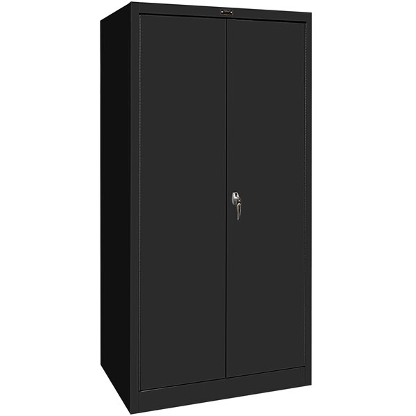 A black metal Hallowell storage cabinet with solid doors.