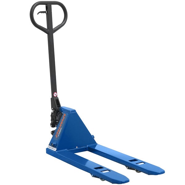 A blue and black Wesco Industrial Products pallet truck with a handle.