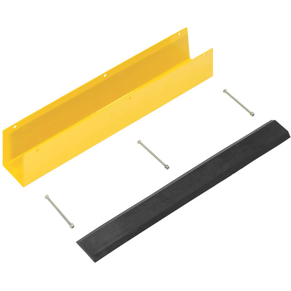 A yellow steel rack guard with a black rubber bumper.